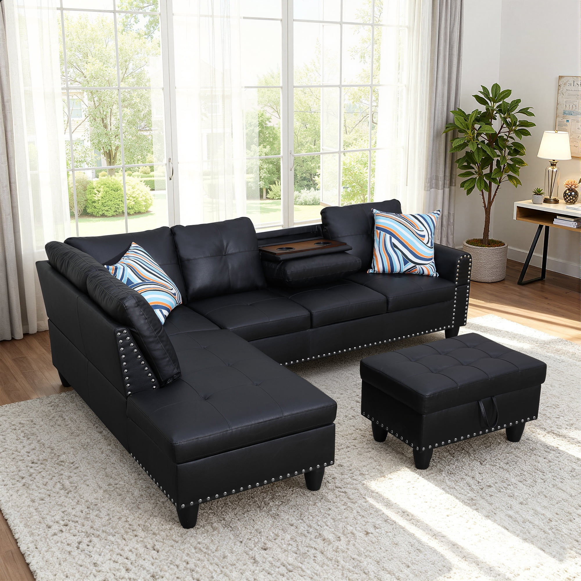 MAYEERTY 97.5" Faux Leather Sectional Sofa, 3-Piece Modular Couch Sofa Set with Ottoman, Black (Left)