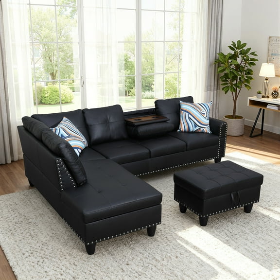 MAYEERTY 97.5" Faux Leather Sectional Sofa, 3-Piece Modular Couch Sofa Set with Ottoman, Black (Left)