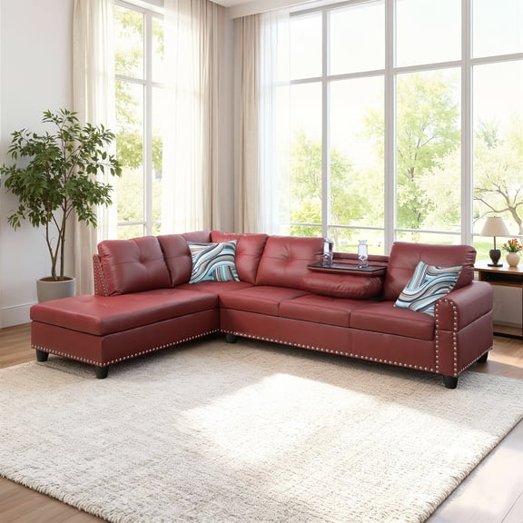MAYEERTY 97.5" L-Shaped Sectional Sofa, Faux Leather 2-Piece Modular Couch Sofa Set without Ottoman, Red (Left)
