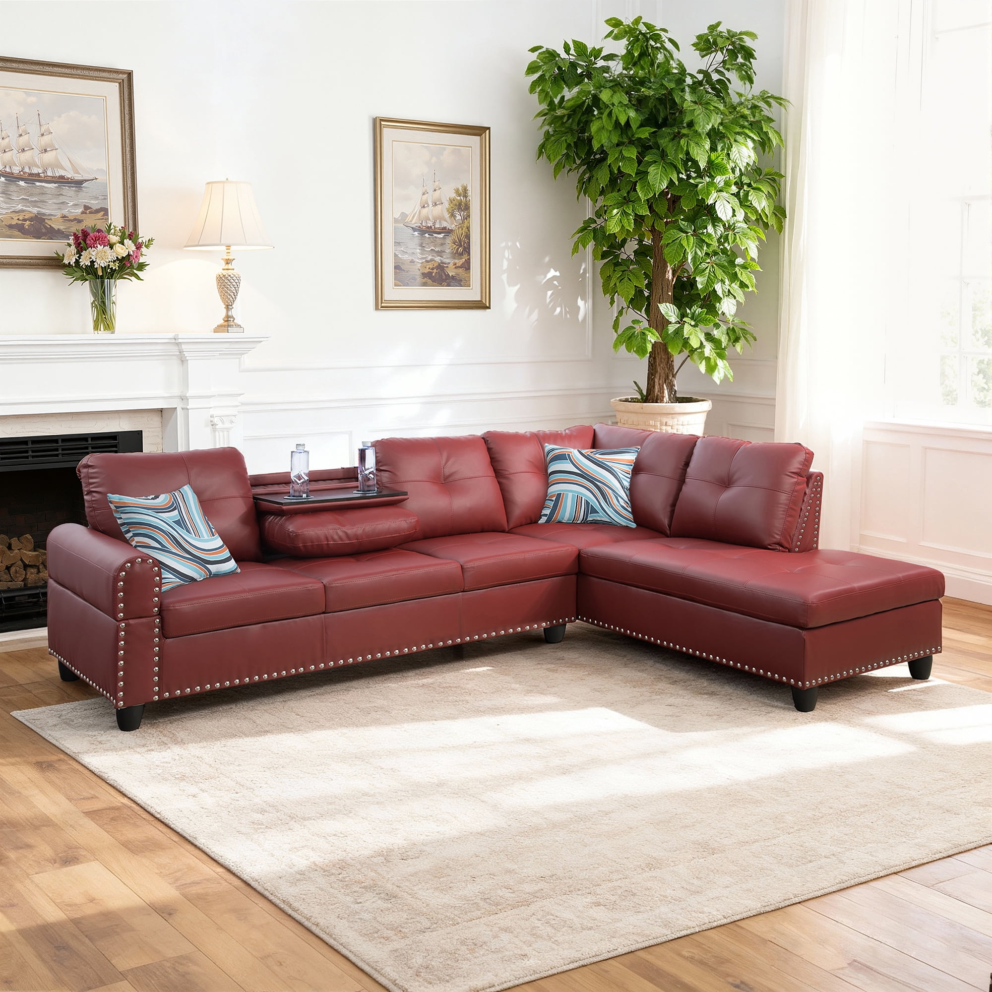 MAYEERTY 97.5" L-Shaped Sectional Sofa, Faux Leather 2-Piece Modular Couch Sofa Set without Ottoman, Red (Right)