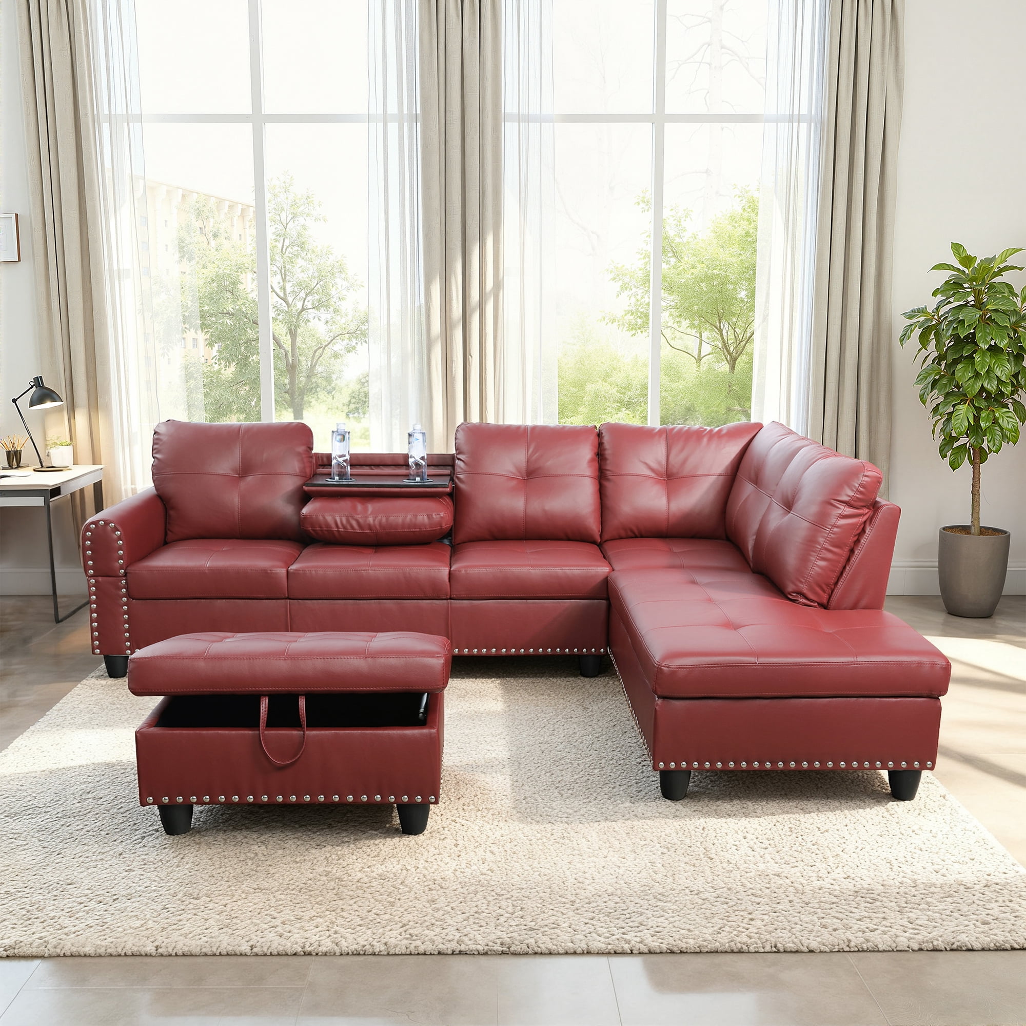 MAYEERTY 97.5" L-Shaped Sectional Sofa, Faux Leather 3-Piece Modular Couch Sofa Set with Ottoman, Red (Right)