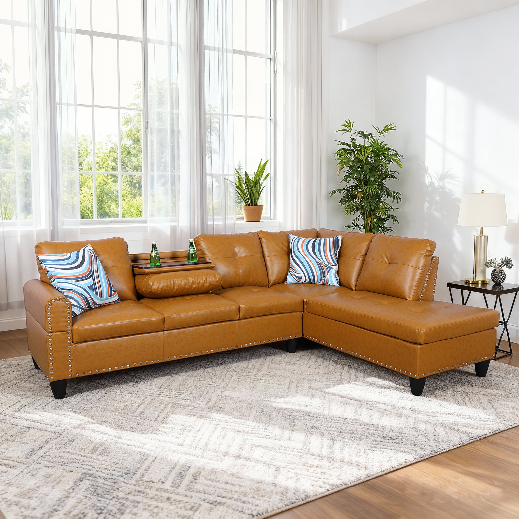 MAYEERTY 97.5" L-Shaped Sectional Sofa, Semi PU Synthetic Leather 2-Piece Modular Couch Sofa Set without Ottoman, Ginger (Right)