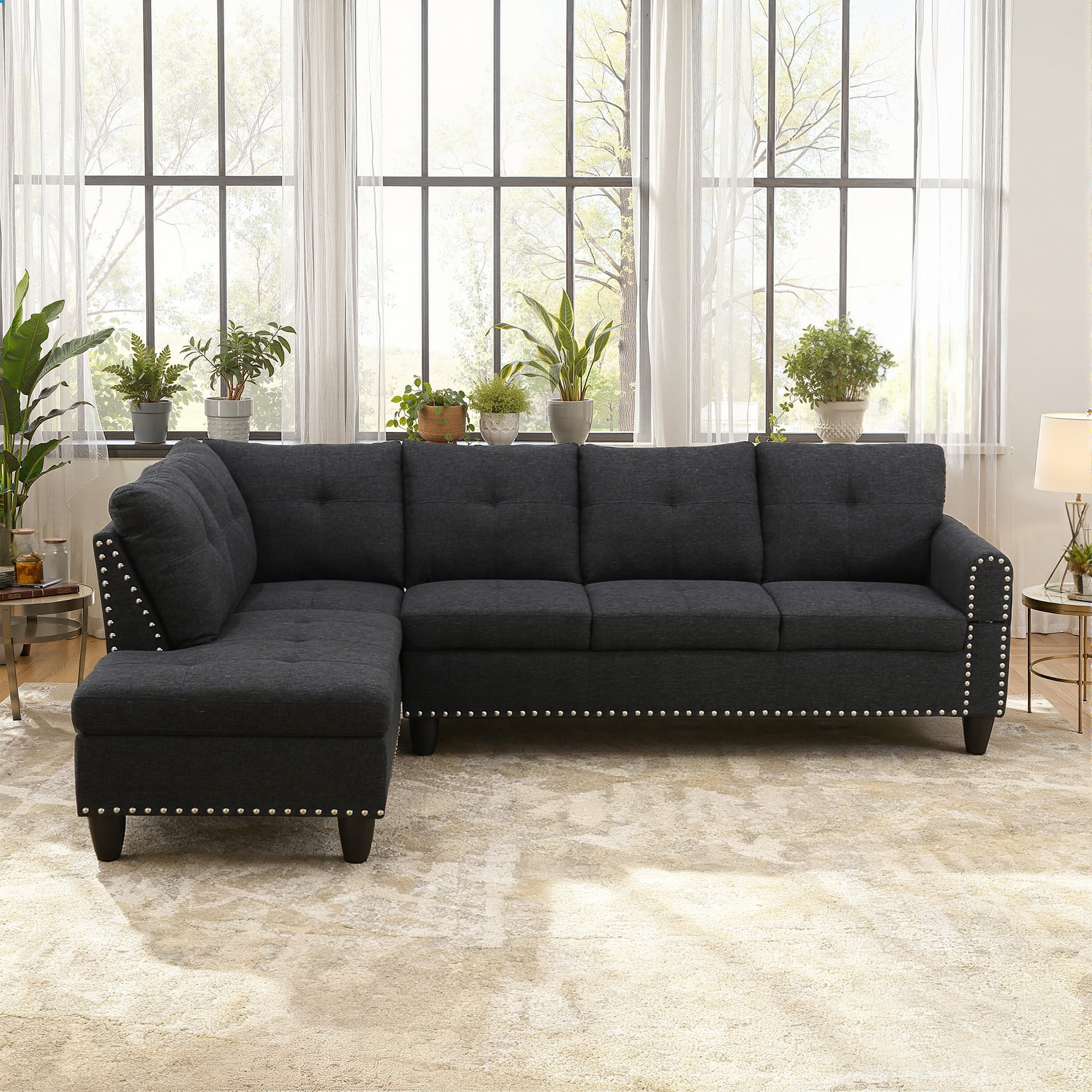 MAYEERTY 97.5" Linen Sectional Sofa, 2-Piece Modular Couch Living Room Sofa Set without Ottoman, Black (Left)