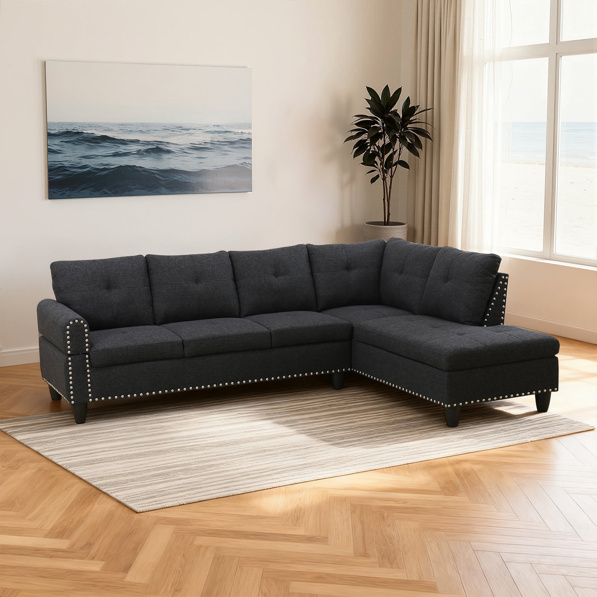 MAYEERTY 97.5" Linen Sectional Sofa, 2-Piece Modular Couch Living Room Sofa Set without Ottoman, Black (Right)