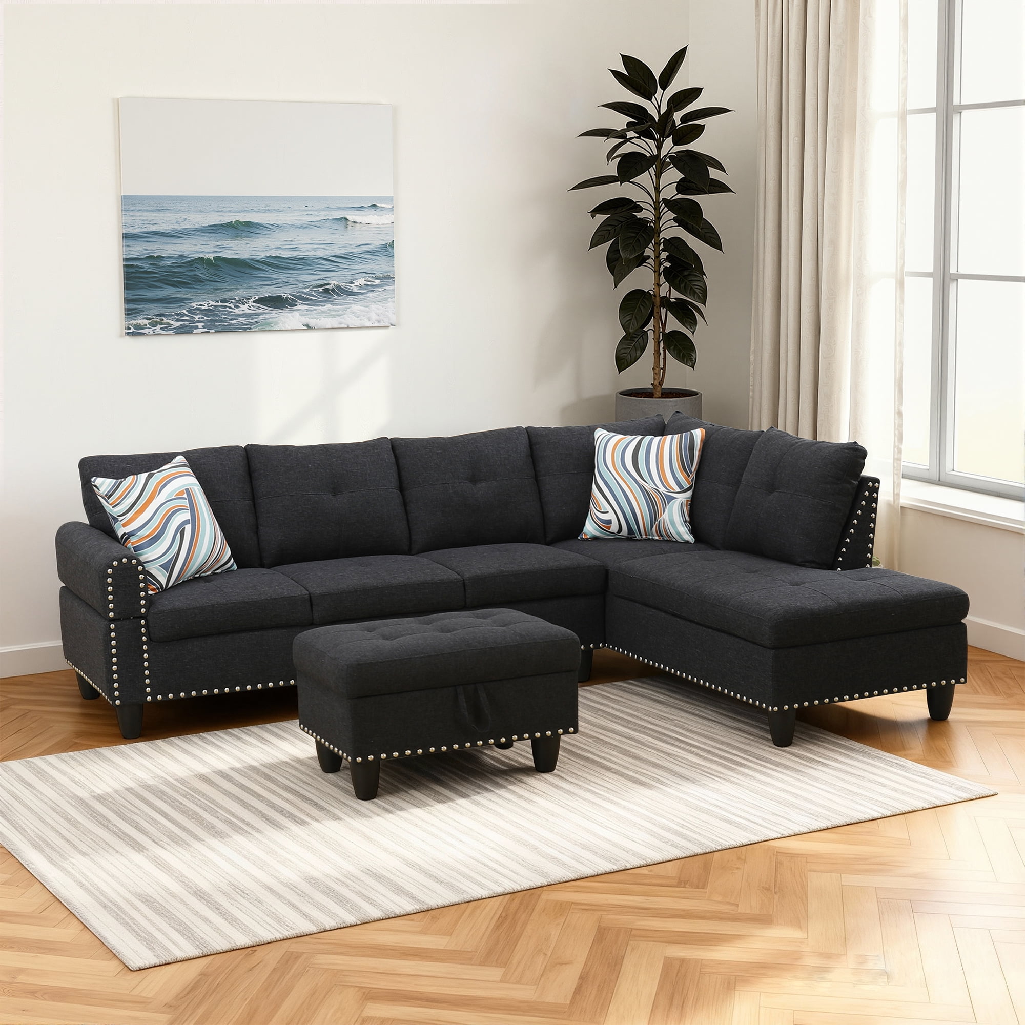MAYEERTY 97.5" Linen Sectional Sofa, 3-Piece Modular Couch Living Room Sofa Set with Ottoman, Black (Right)