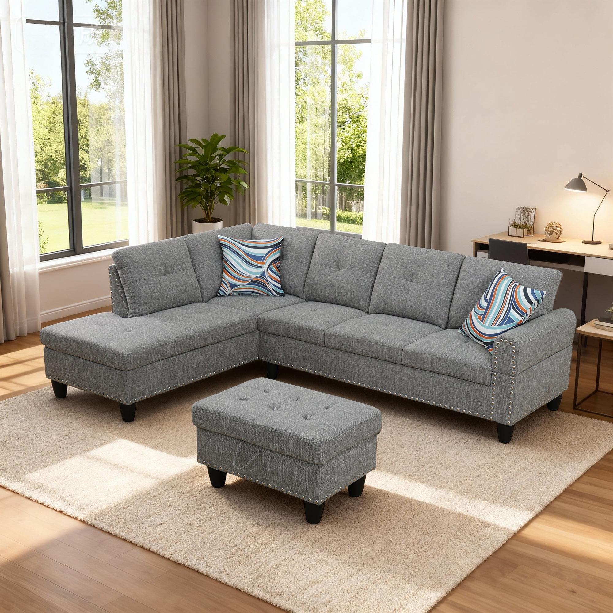 MAYEERTY 97.5" Linen Sectional Sofa, 3-Piece Modular Couch Sofa Set with Ottoman, Grey (Left)