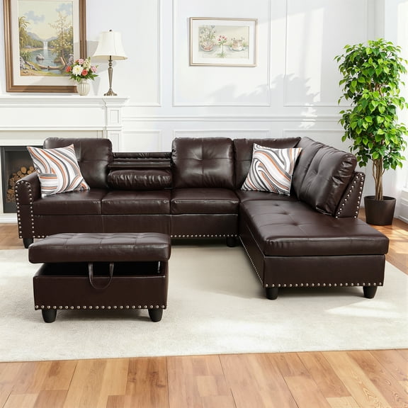 MAYEERTY 97.5" Sectional Sofa with L-Shape Chaise, 3-Piece Faux Leather Sofa Couch for Living Room, Brown