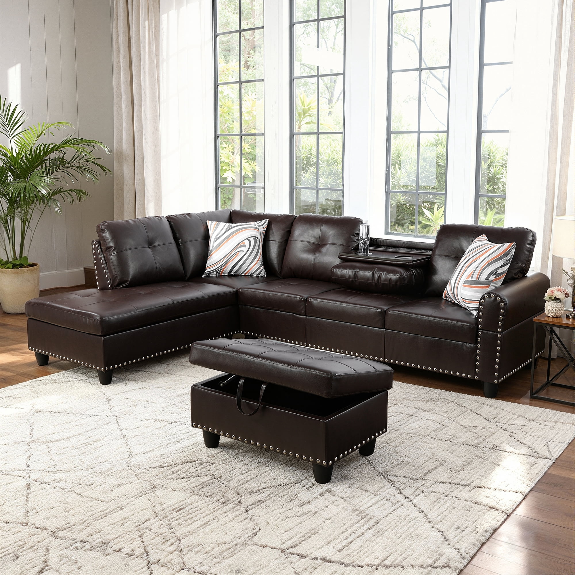 MAYEERTY 97.5" Sectional Sofa with L-Shape Chaise, 3-Piece Faux Leather Sofa Couch for Living Room, Gray White