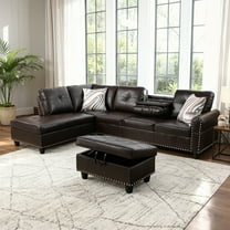 MAYEERTY 97.5" Sectional Sofa with L-Shape Chaise, 3-Piece Faux Leather Sofa Couch for Living Room, Gray White