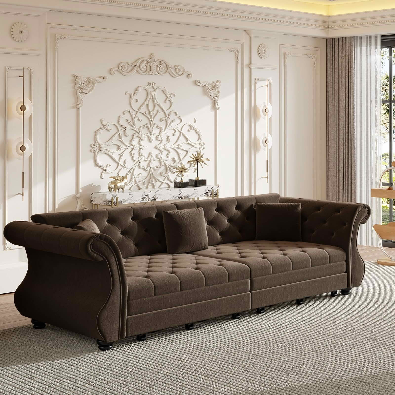 MAYEERTY 97.6" Chesterfield Pull‑Out Sofa Bed, Classic Roll‑Arm Velvet Couch with Flower Tufting, 3 Pillows Included for Living Room, Bedroom and Apartment