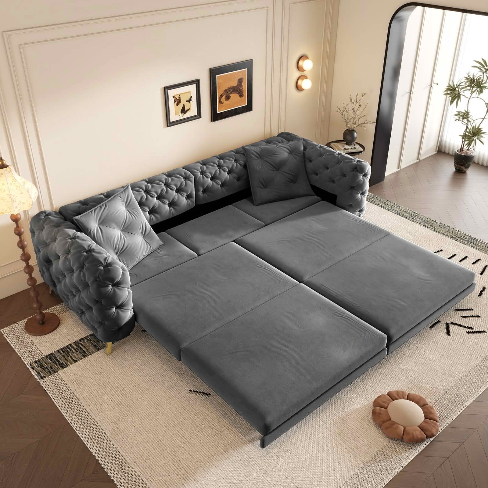 MAYEERTY 97.7" 3‑in‑1 Convertible Sleeper Sofa Bed, Deep‑Seat Tufted Velvet 4‑Seater Couch with Movable Ottoman, 2 Pillows Included