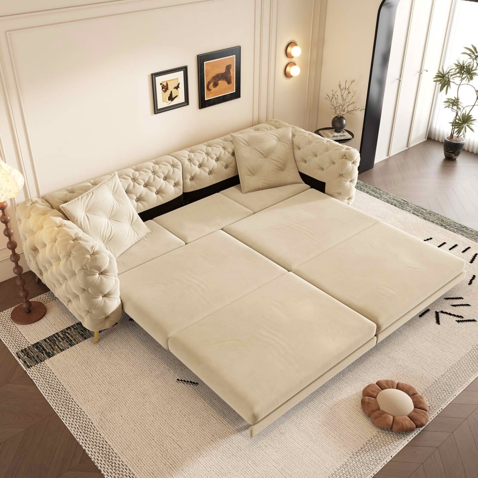 MAYEERTY 97.7" 3‑in‑1 Convertible Sleeper Sofa Bed, Deep‑Seat Tufted Velvet 4‑Seater Couch with Movable Ottoman, 2 Pillows Included
