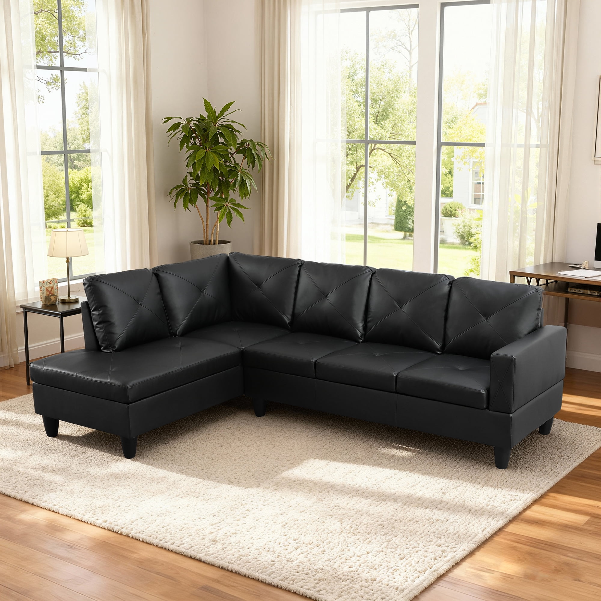 MAYEERTY 97" Faux Leather Sectional Couches, 2-Piece Modular Sofa Set with Reversible Chaise without Ottoman, Black (Left)