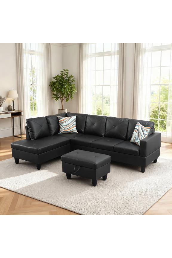 97" Faux Leather Sectional Couches, 3-Piece Modular Sofa Set with Reversible Chaise & Storage Ottoman, Black (Left)