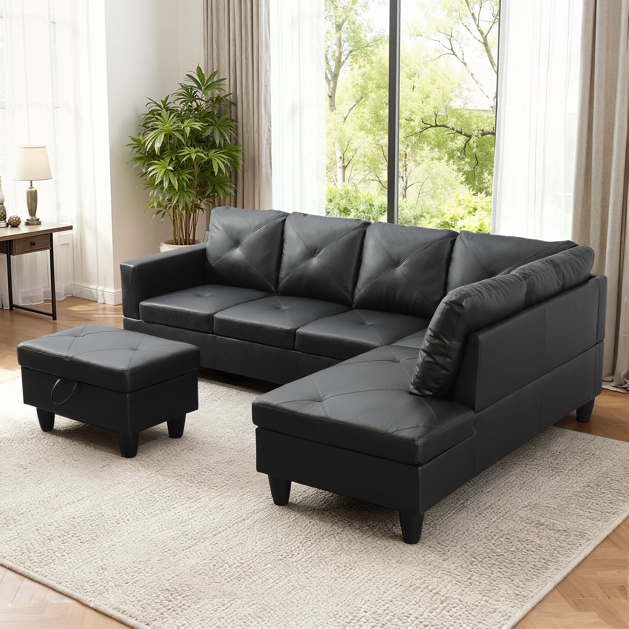 MAYEERTY 97" Faux Leather Sectional Couches, 3-Piece Modular Sofa Set with Reversible Chaise & Storage Ottoman, Black (Right)