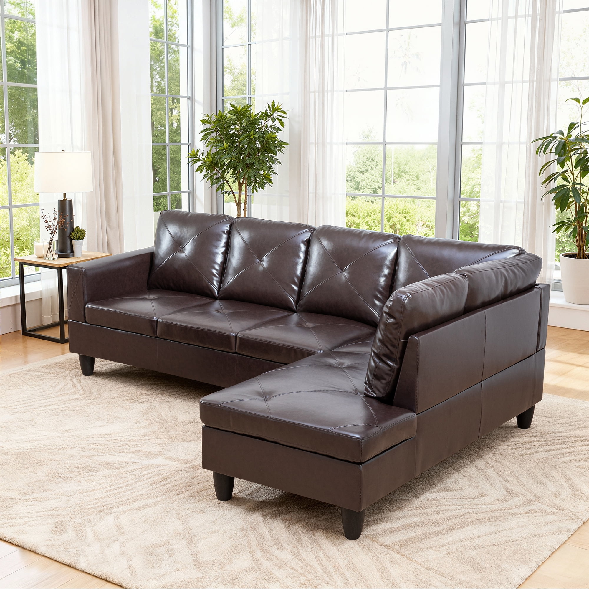 MAYEERTY 97" Faux Leather Sectional Sofa, 2-Piece Couch Living Room Sofa Set without Ottoman, Brown (Right)