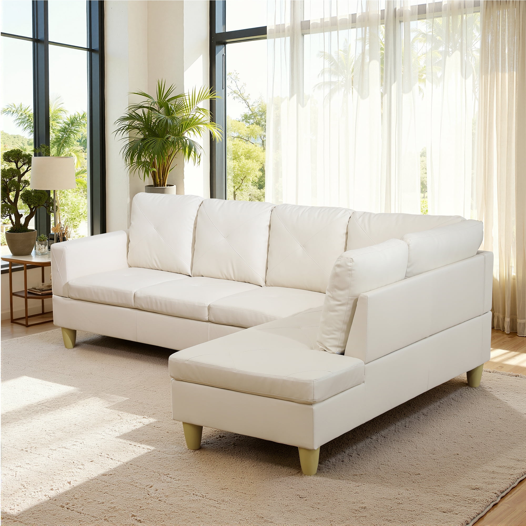 MAYEERTY 97" Faux Leather Sectional Sofa, 2-Piece Couch Living Room Sofa Set without Ottoman, White (Right)