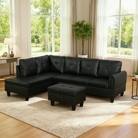 MAYEERTY 97" Faux Leather Sectional Sofa, 3-Piece Couch Living Room Sofa Set with Ottoman, Black (Left)