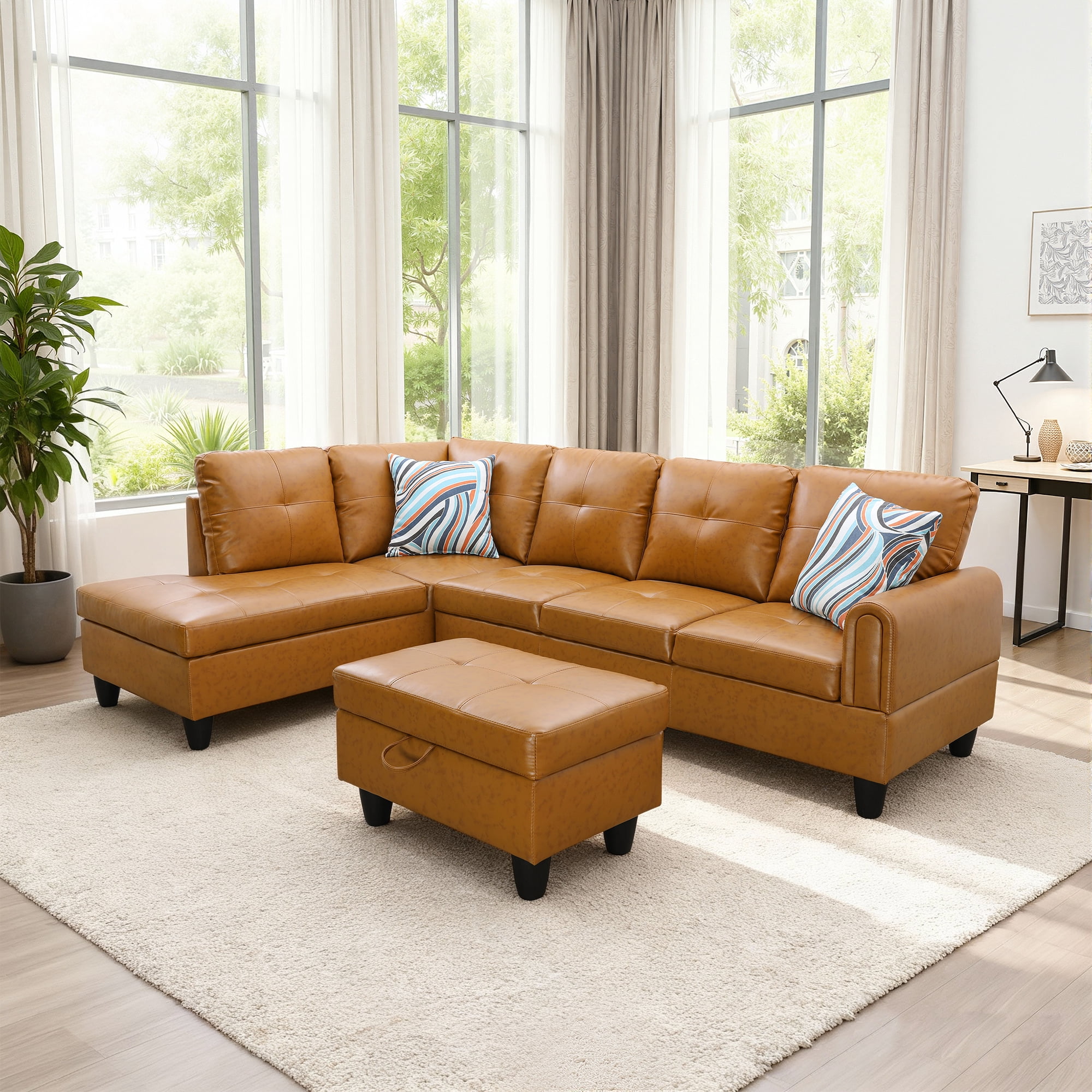 MAYEERTY 97" Faux Leather Sectional Sofa, 3-Piece Couch Living Room Sofa Set with Ottoman, Ginger (Left)