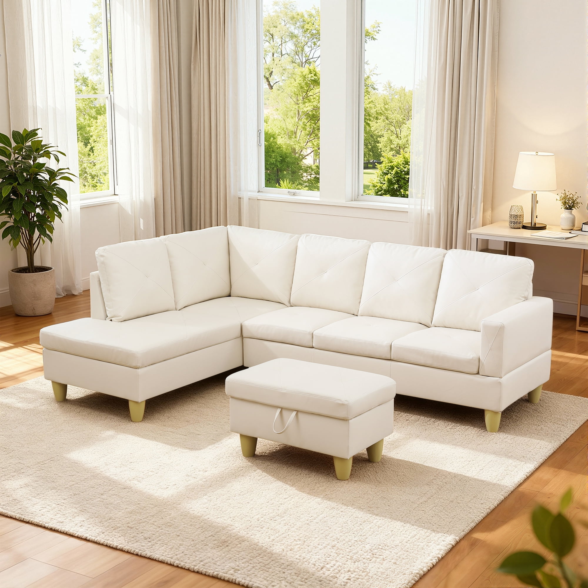 MAYEERTY 97" Faux Leather Sectional Sofa, 3-Piece Couch Living Room Sofa Set with Ottoman, White (Left)