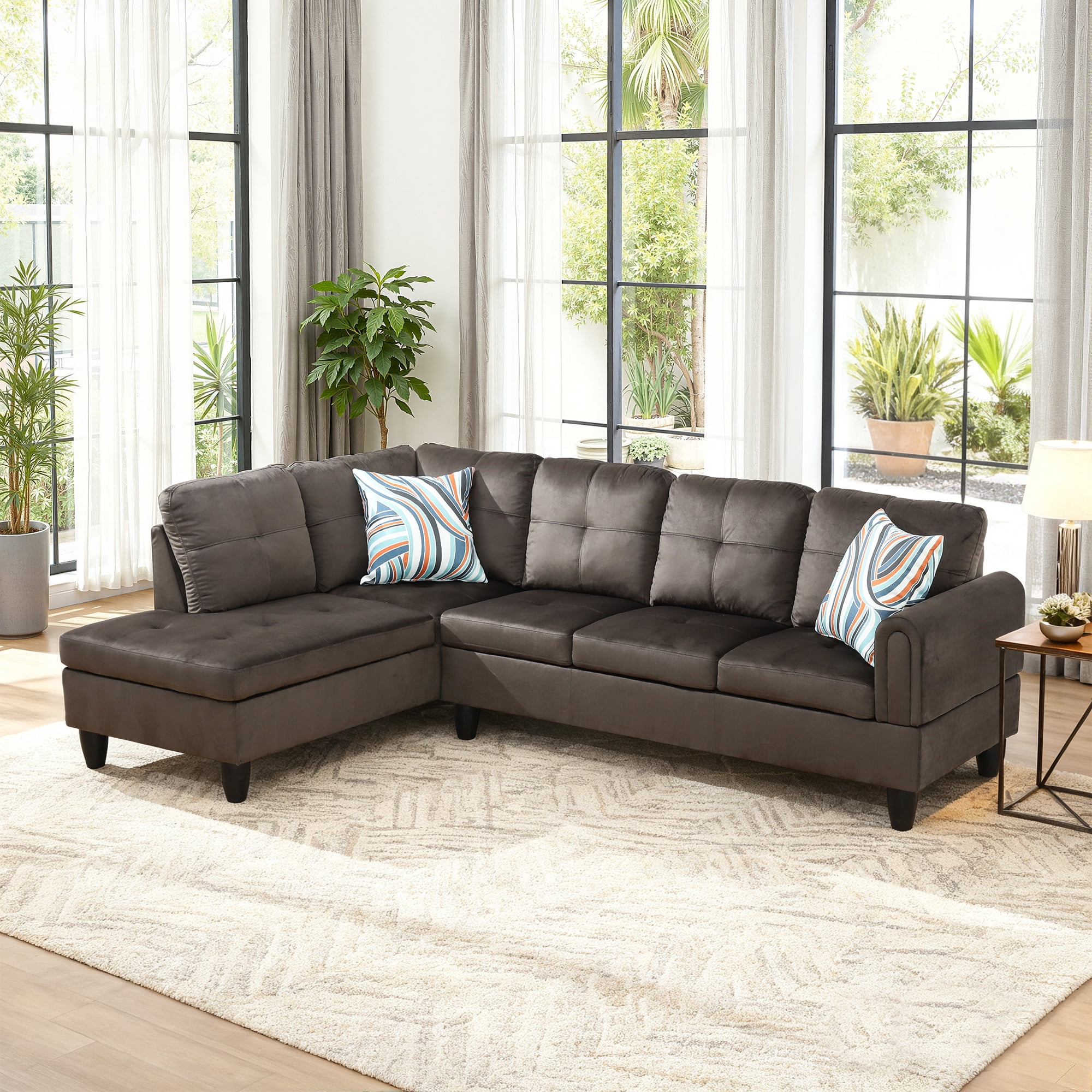 MAYEERTY 97" Flannel Sectional Sofa, 2-Piece Couch Living Room Sofa Set without Ottoman, Dark Brown (Left)