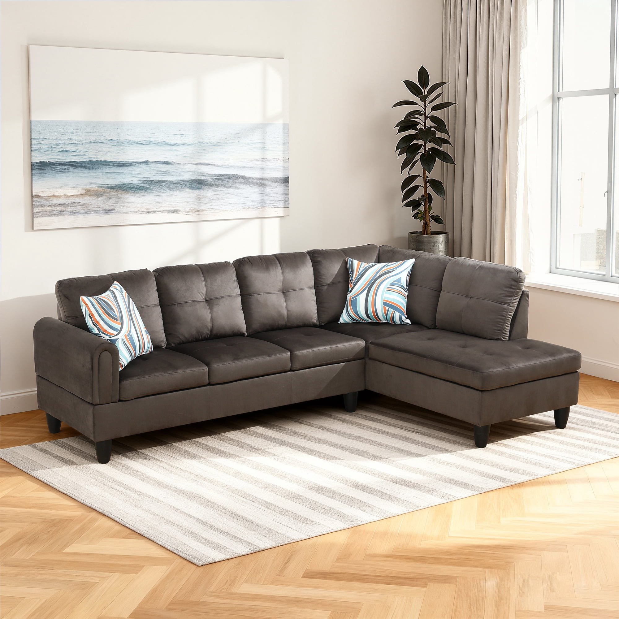 MAYEERTY 97" Flannel Sectional Sofa, 2-Piece Couch Living Room Sofa Set without Ottoman, Dark Brown (Right)
