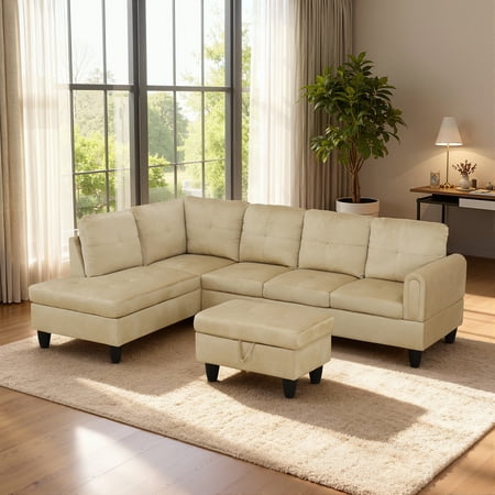 MAYEERTY 97" Flannel Sectional Sofa, 3-Piece Couch Living Room Sofa Set with Ottoman, Beige (Left)