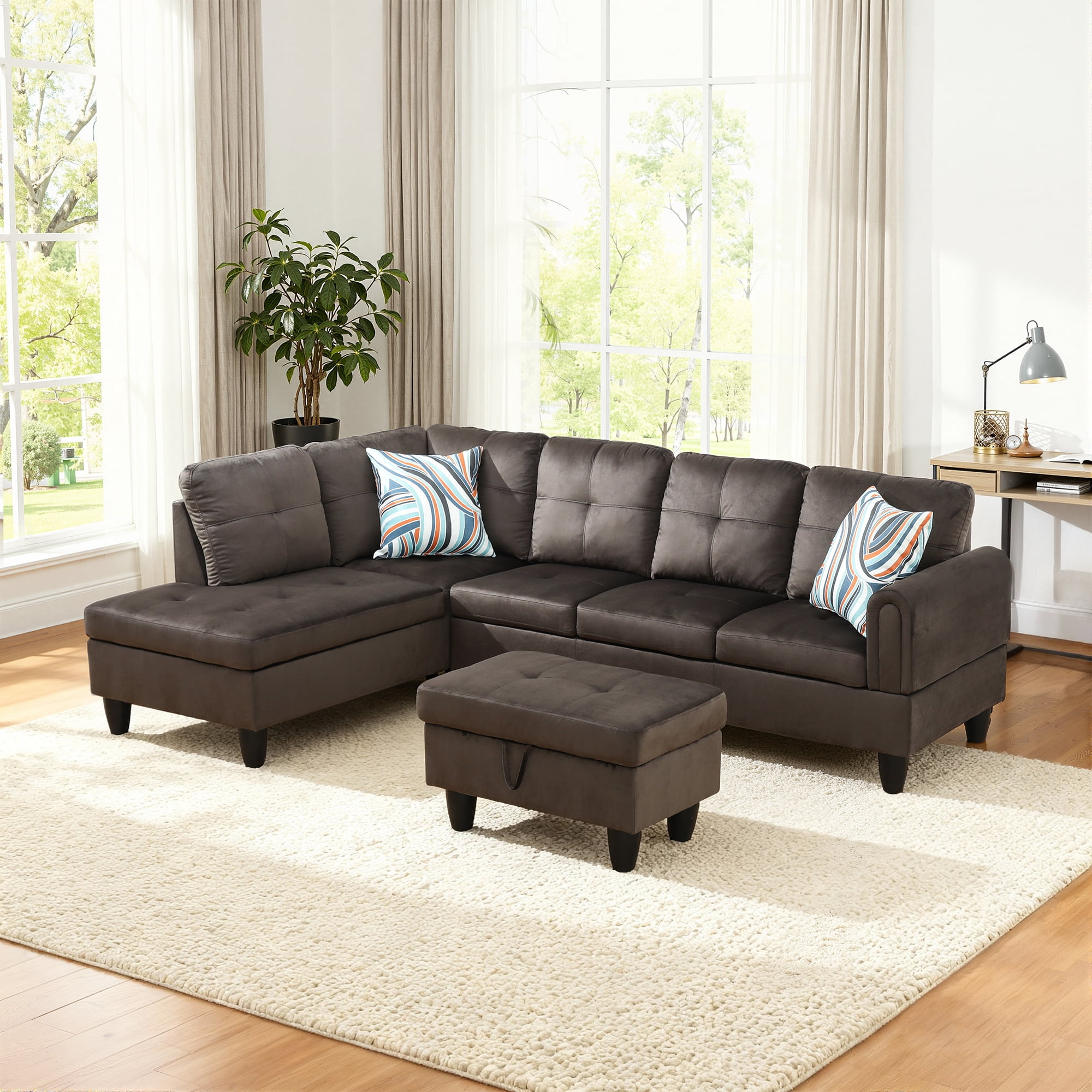 MAYEERTY 97" Flannel Sectional Sofa, 3-Piece Couch Living Room Sofa Set with Ottoman, Dark Brown (Left)