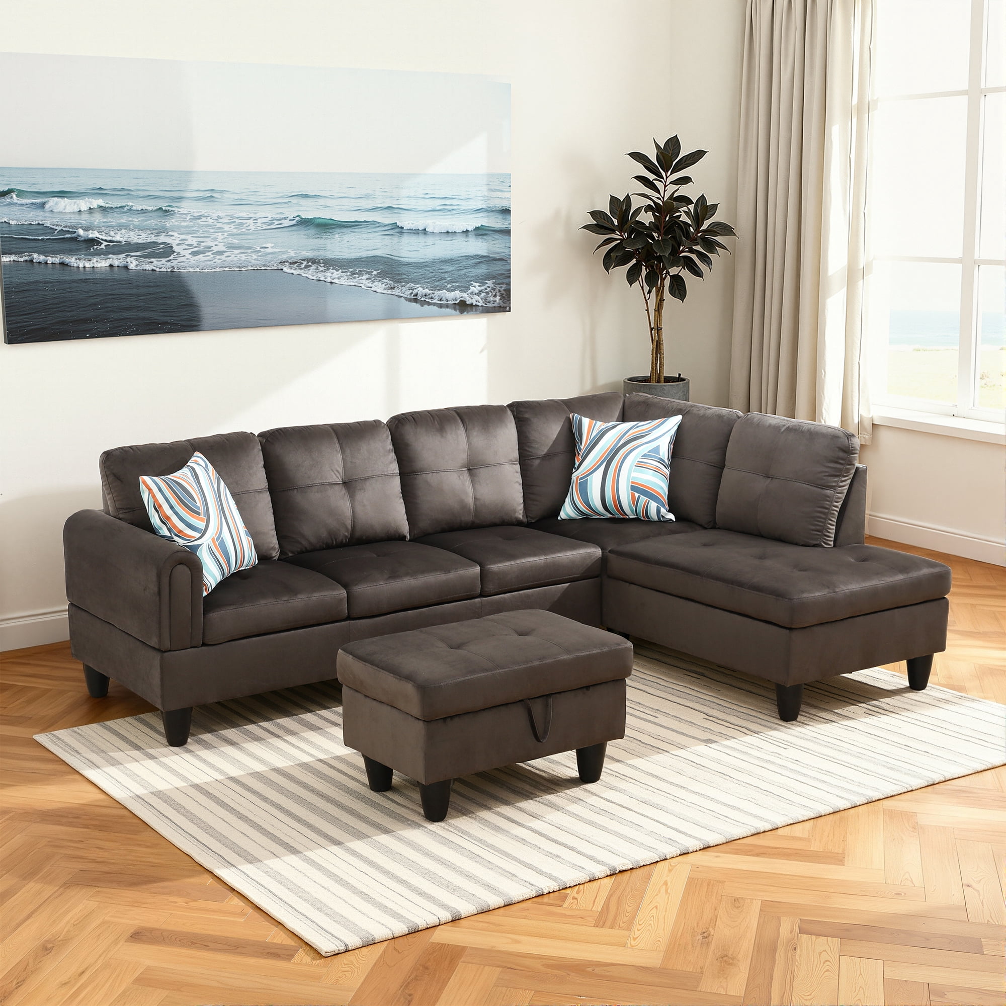 MAYEERTY 97" Flannel Sectional Sofa, 3-Piece Couch Living Room Sofa Set with Ottoman, Dark Brown (Right)