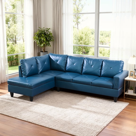 MAYEERTY 97" L-Shaped Sectional Sofa, Faux Leather 2-Piece Modular Couch Sofa Set without Ottoman, Deep Blue (Left)