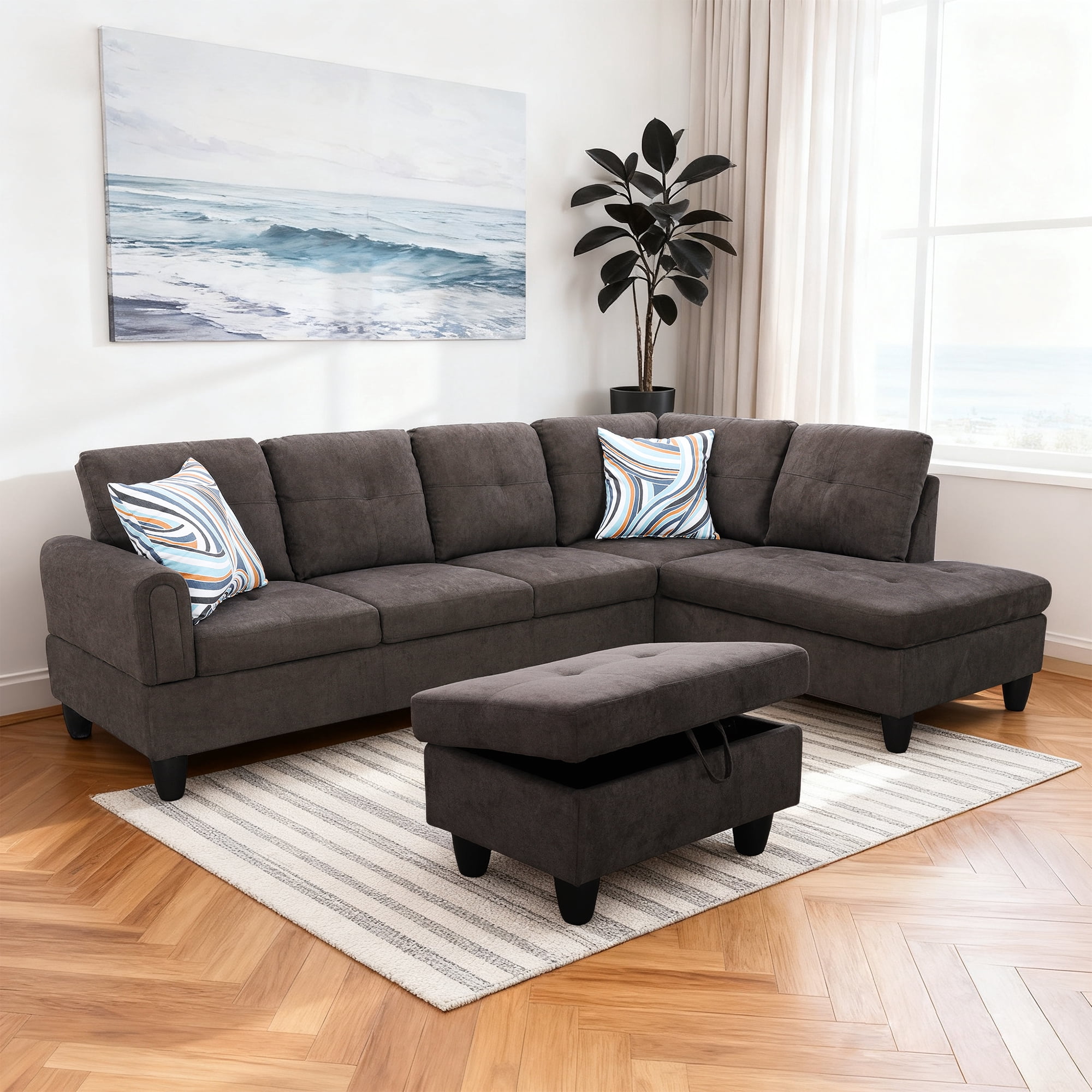 MAYEERTY 97" Modern 3-Piece Fluffy Fabric Couch Living Room Sofa Set，Dark Brown