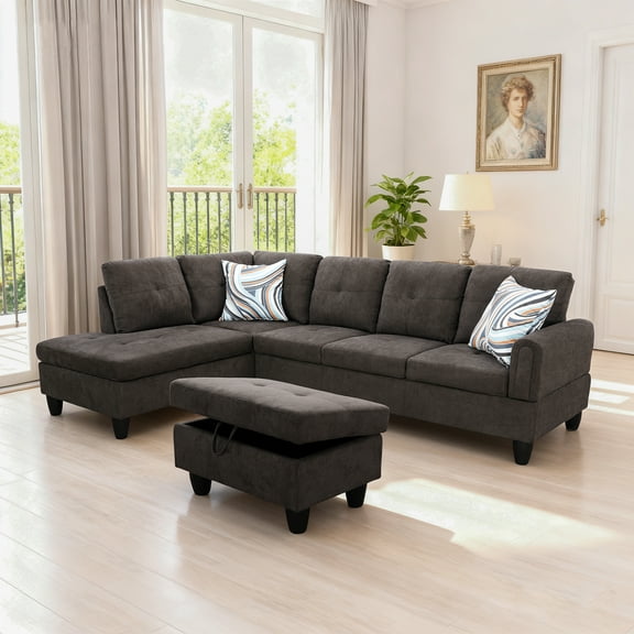 MAYEERTY 97" Modern 3-Piece Fluffy Fabric Couch Living Room Sofa Set，Dark Brown