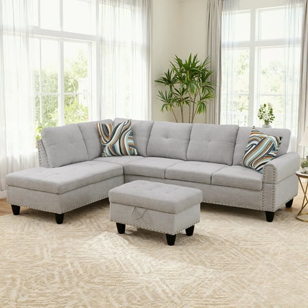 MAYEERTY 97" Modern Flannel 3-Piece Couch Living Room Sofa Set，Gray White