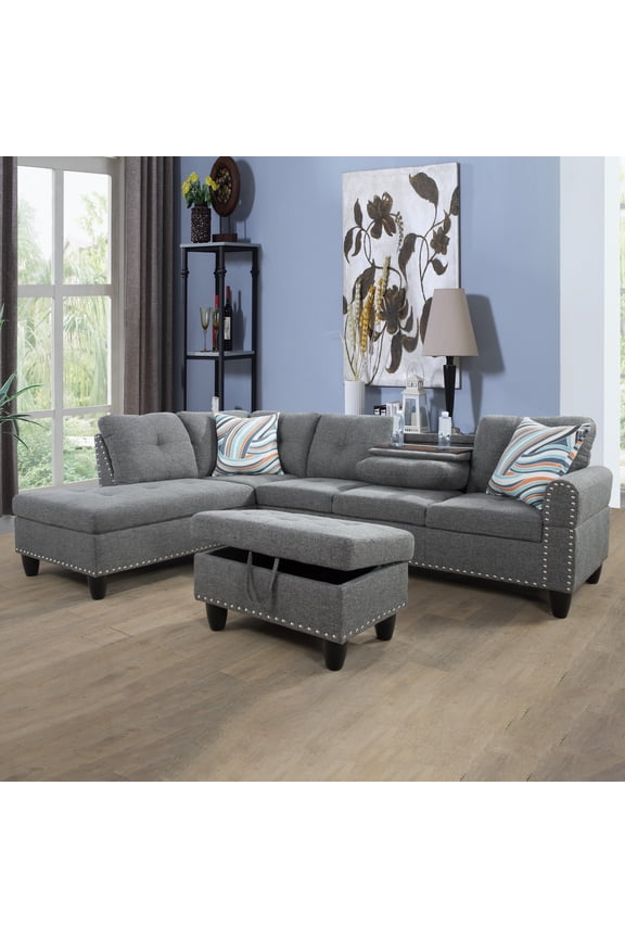 97.5" Linen Sectional Sofa Couch Sets, 3-Piece L Shaped Sofa Couch for Living Room, Grey