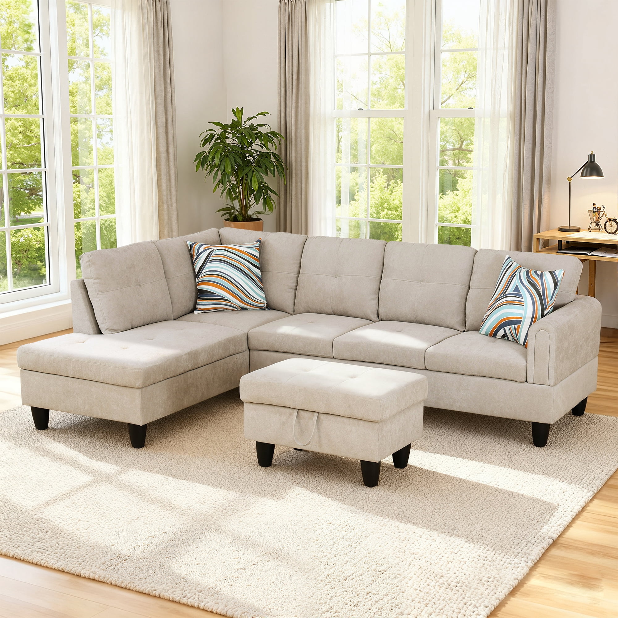 MAYEERTY 97" Modern Fluffy Fabric 3-Piece Couch Living Room Sofa Set，Light Gray