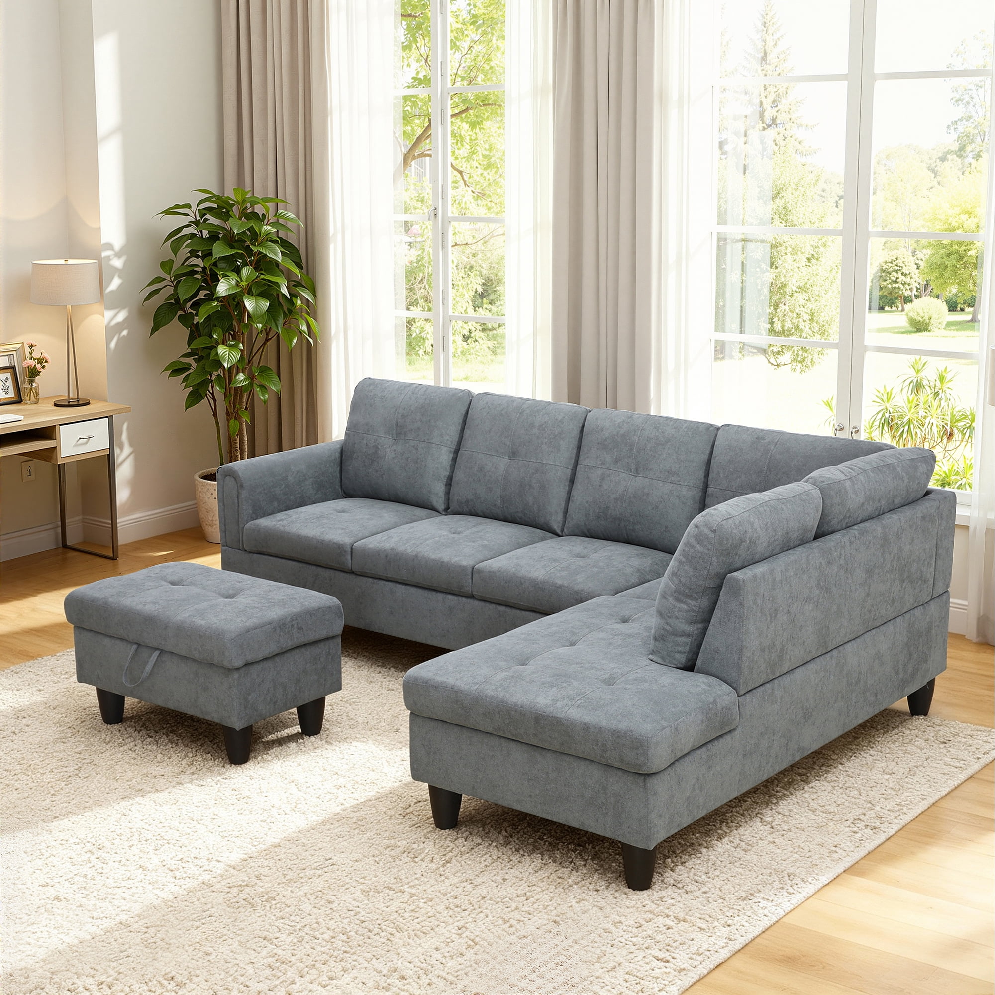 MAYEERTY 97" Modular Couches Fluffy Fabric Sectional Sofa Set for Living Room with Reversible Chaise & Storage Ottoman, Dark Grey (Left)