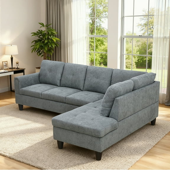 MAYEERTY 97" Modular Couches Fluffy Fabric Sectional Sofa Set for Living Room with Reversible Chaise without Ottoman, Dark Grey (Left)