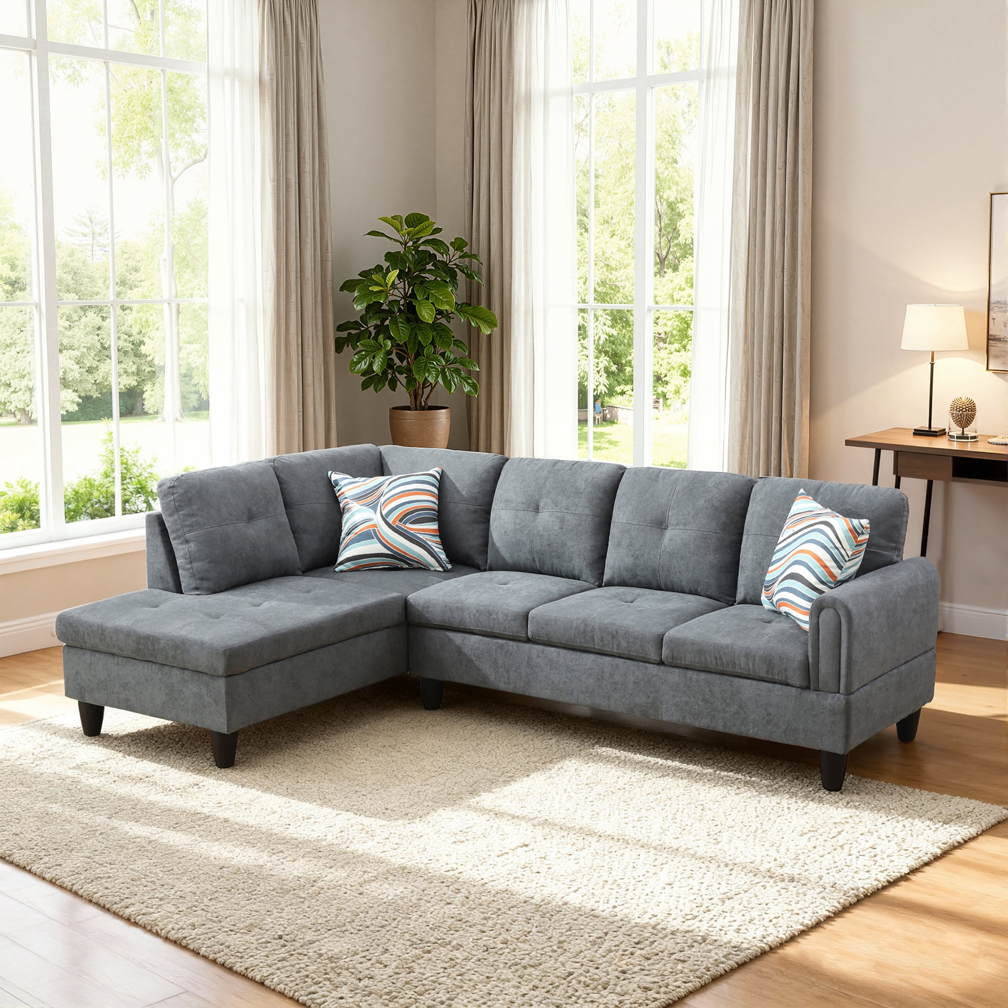 MAYEERTY 97" Modular Couches Fluffy Fabric Sectional Sofa Set for Living Room with Reversible Chaise without Ottoman, Dark Grey (Right)
