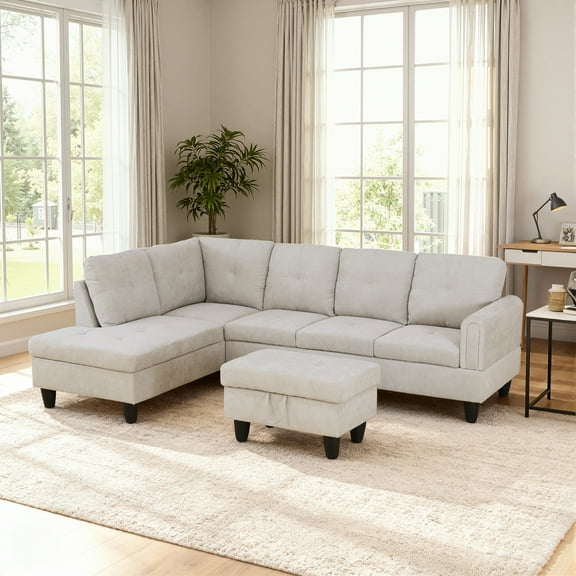 MAYEERTY 97" Sectional Sofa Fluffy Fabric Modular Couches with Reversible Chaise & Storage Ottoman, Light Grey(Left)