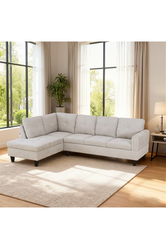 97" Sectional Sofa Fluffy Fabric Modular Couches with Reversible Chaise without Ottoman, Light Grey(Left)