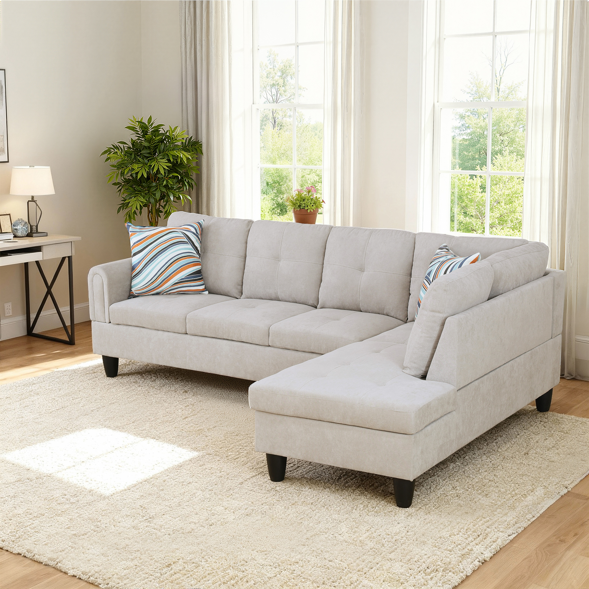 MAYEERTY 97" Sectional Sofa Fluffy Fabric Modular Couches with Reversible Chaise without Ottoman, Light Grey(Right)