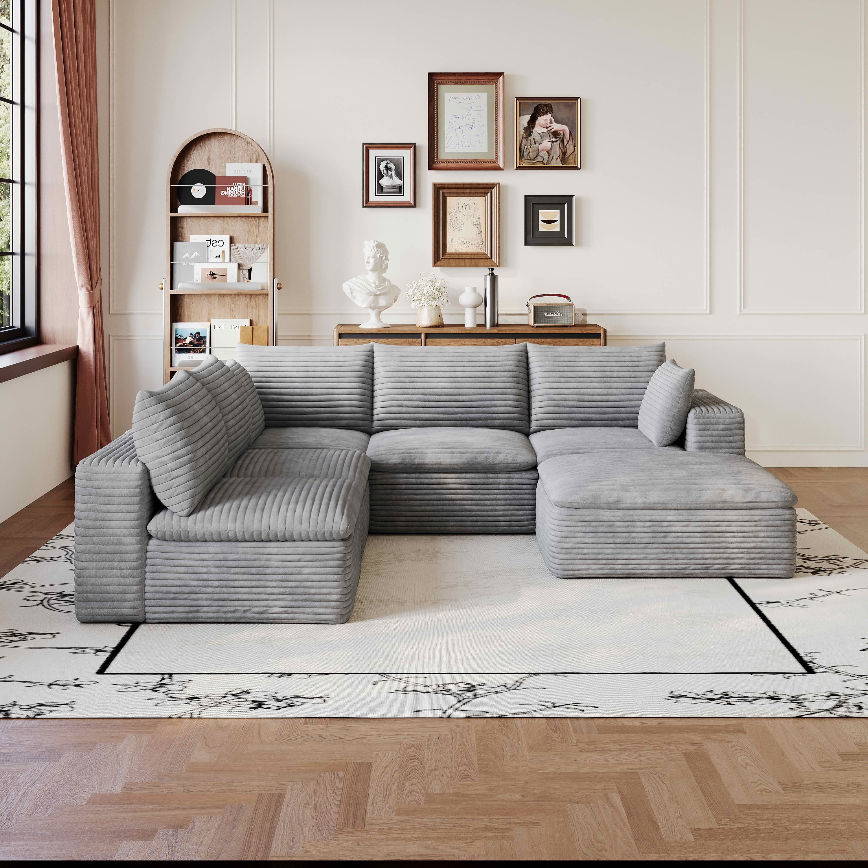 MAYEERTY 98.5"x 102.4" L‑Shaped Cloud Modular Sofa, Corduroy Deep‑Seat Sectional Couch, Double‑Layer Removable Cushions, No‑Assembly DIY Sponge Sofa for Living Room Bedroom Conference Room Apartment