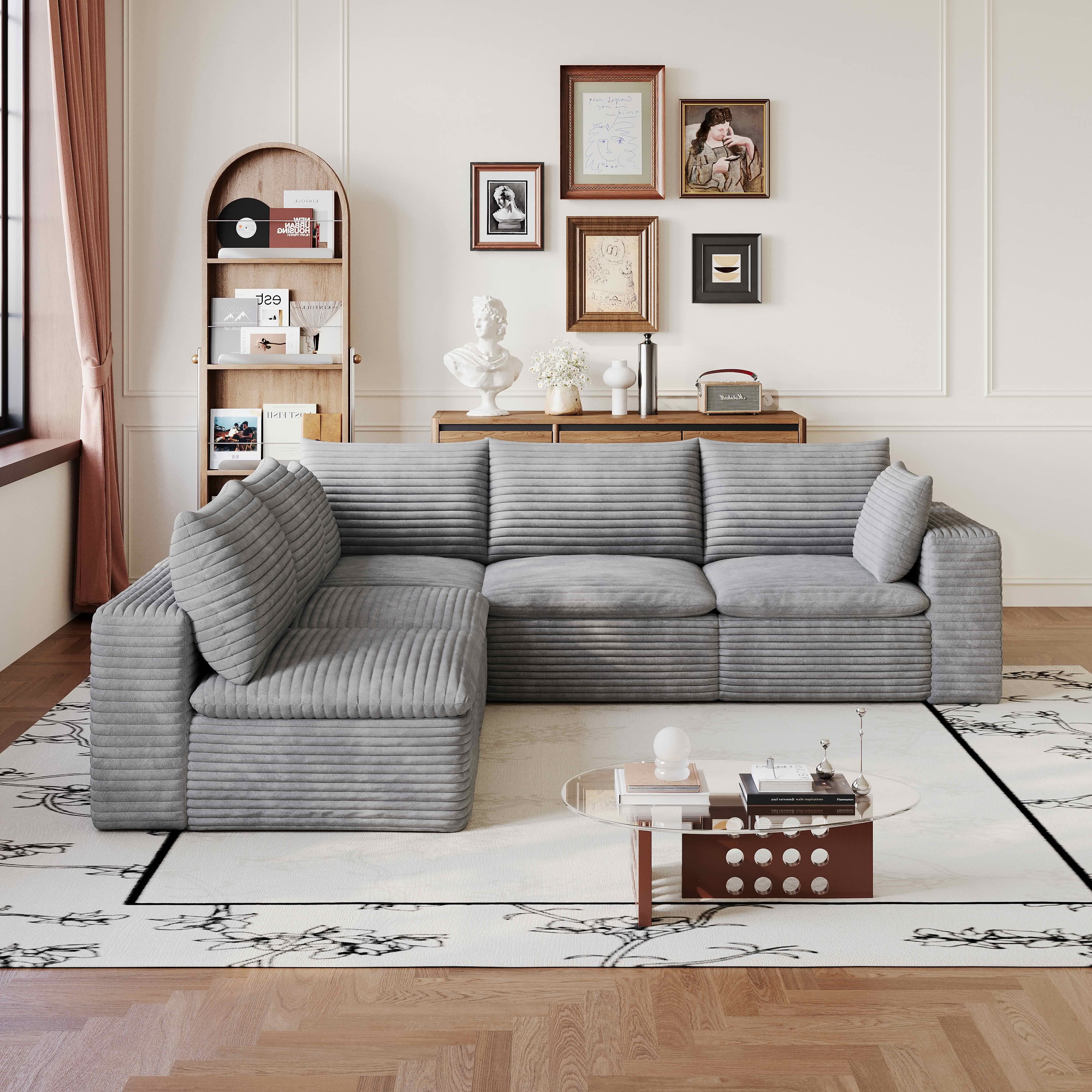 MAYEERTY 98.5"x 102.4" L‑Shaped Cloud Modular Sofa, Corduroy Deep‑Seat Sectional Couch, Double‑Layer Removable Cushions, No‑Assembly DIY Sponge Sofa for Living Room Bedroom Conference Room Apartment