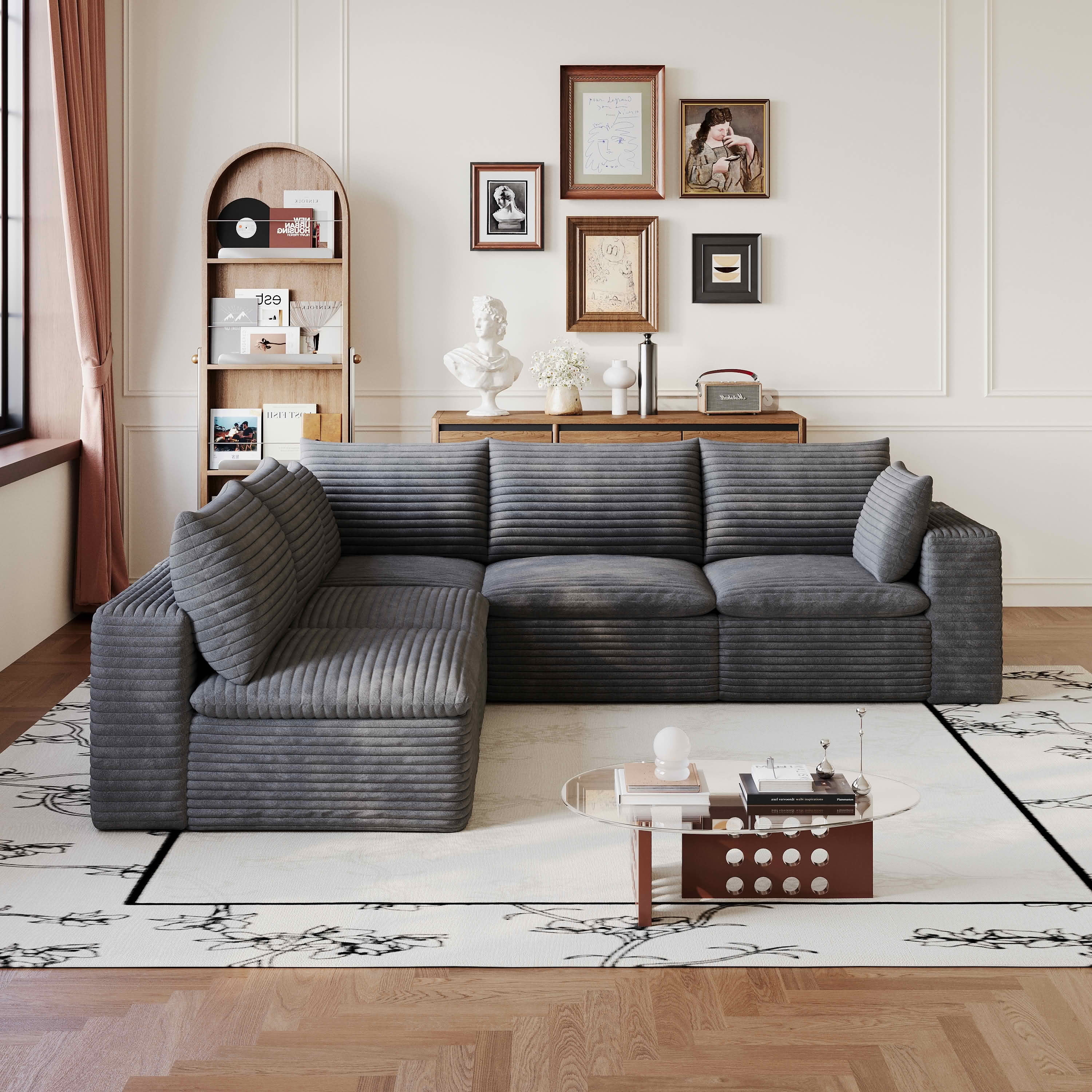MAYEERTY 98.5"x 102.4" L‑Shaped Cloud Modular Sofa, Corduroy Deep‑Seat Sectional Couch, Double‑Layer Removable Cushions, No‑Assembly DIY Sponge Sofa for Living Room Bedroom Conference Room Apartment