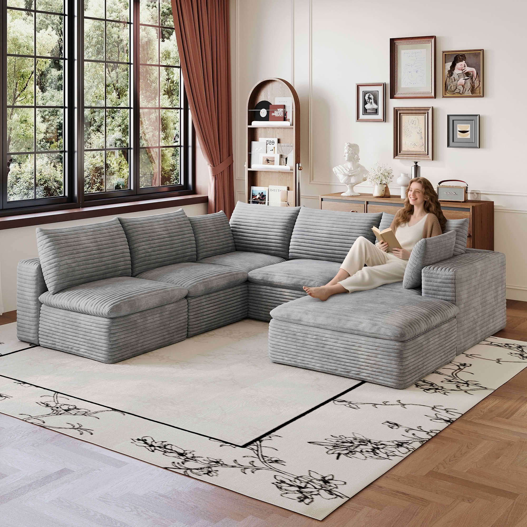 MAYEERTY 99*103" Corduroy Cloud Sofa, Modular Deep Seat Couch with Removable Cushion & Double-Layer Design, No Assembly Leisure Sofa for Home & Office