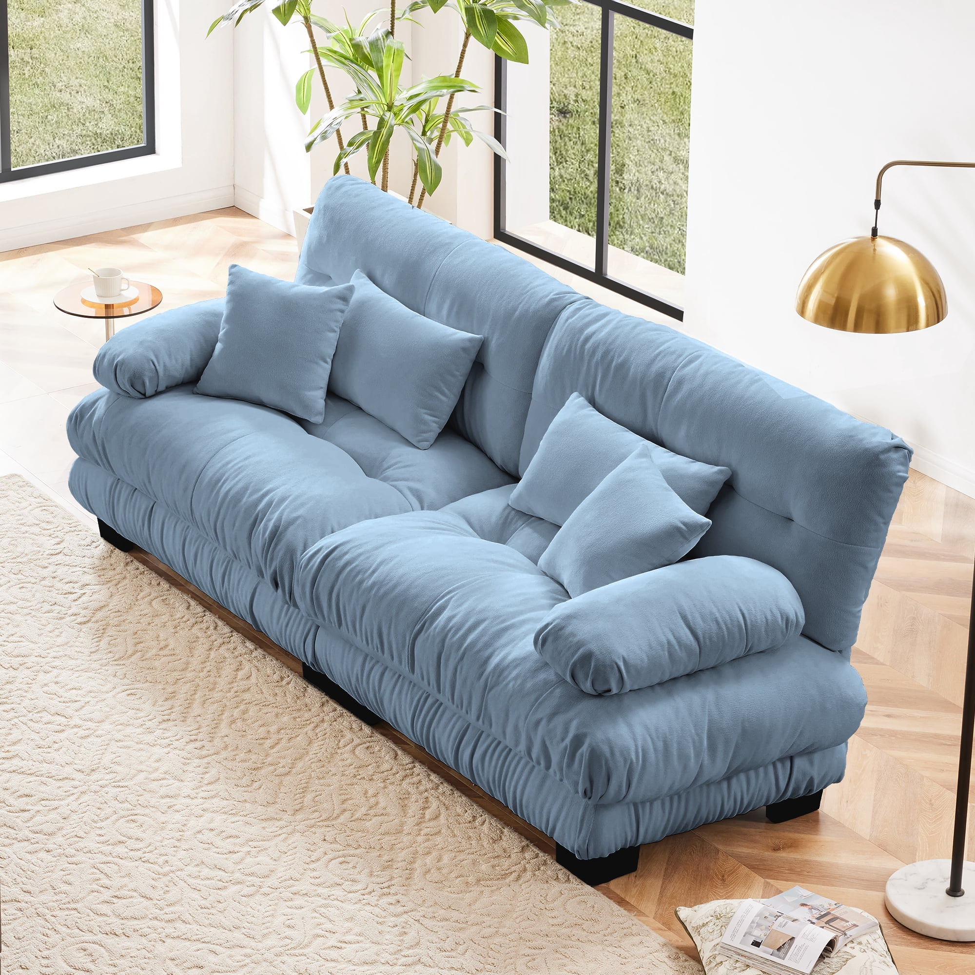 MAYEERTY 99.4in 2 Seater Cloud Sofa Couch for Living Room, Chenille Loveseat Sofa with 2 Lumbar Pillows and 2 Throw Pillows, Blue
