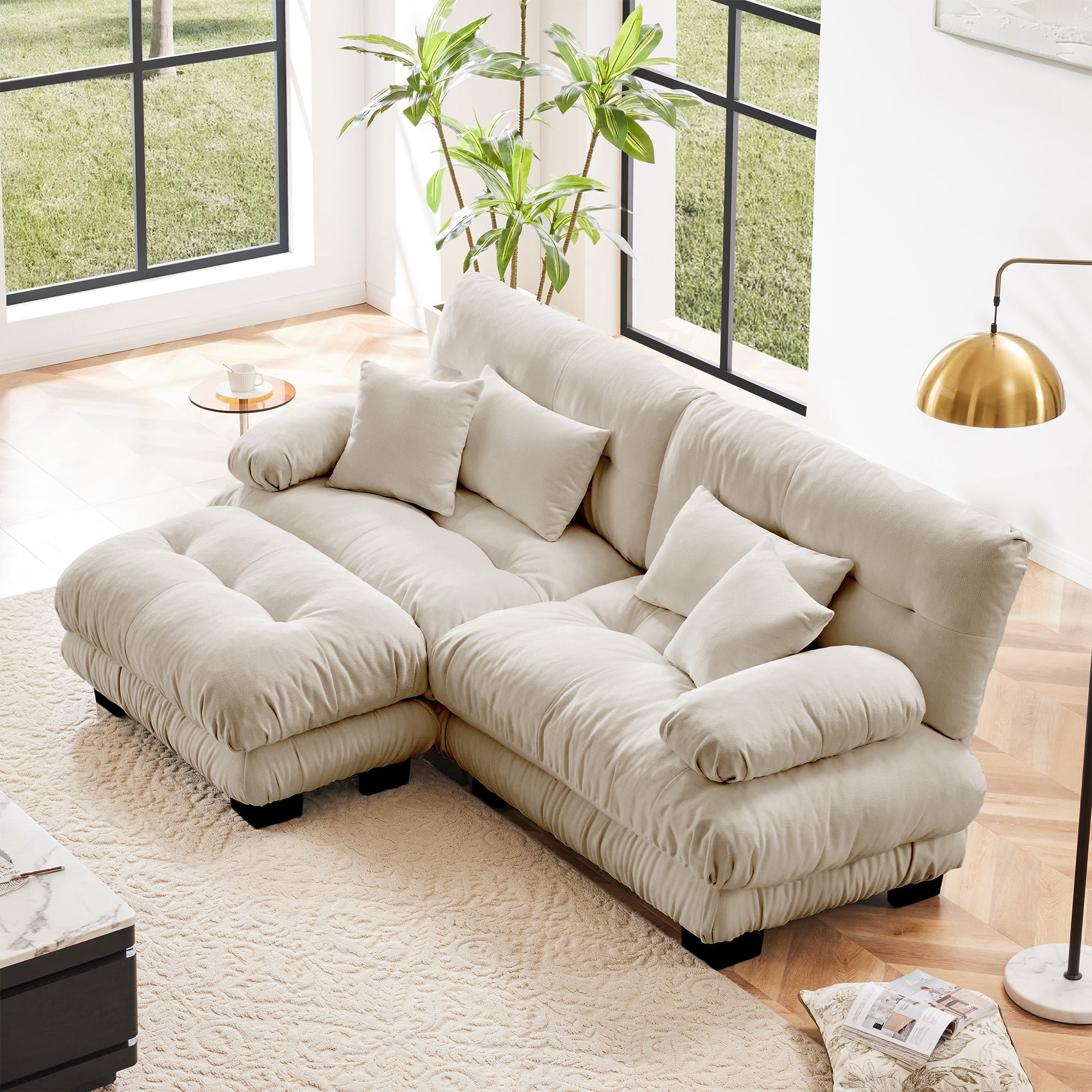 MAYEERTY 99.4in Cloud Sectional Sofa Couch for Living Room, Chenille 2 Seater Sofa with 2 Lumbar Pillows, 2 Throw Pillows and Convertible Ottoman, Light Coffee