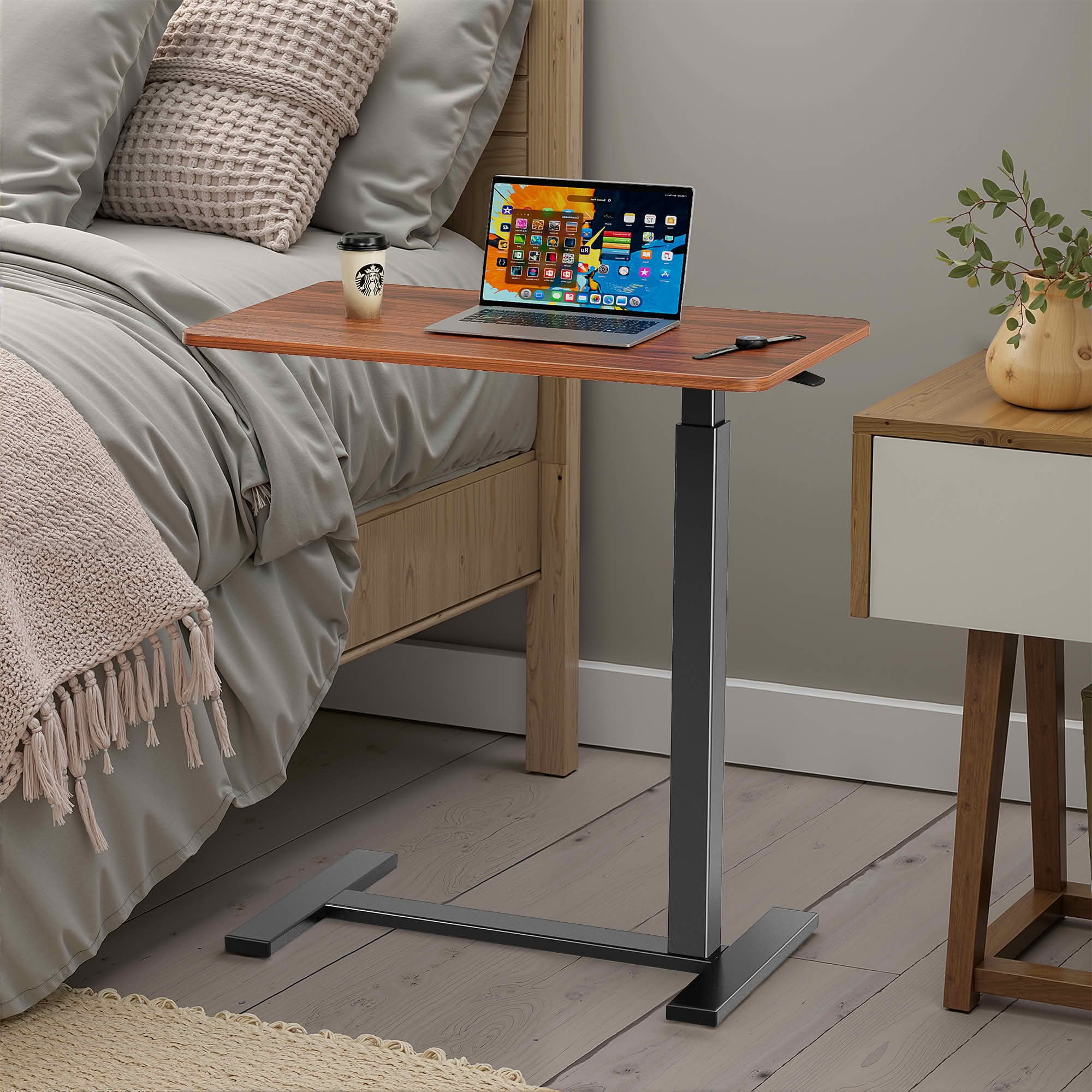 MAYEERTY Adjustable Mobile Bed Table, Computer Desk Standing Table, Home Office Use, Brown