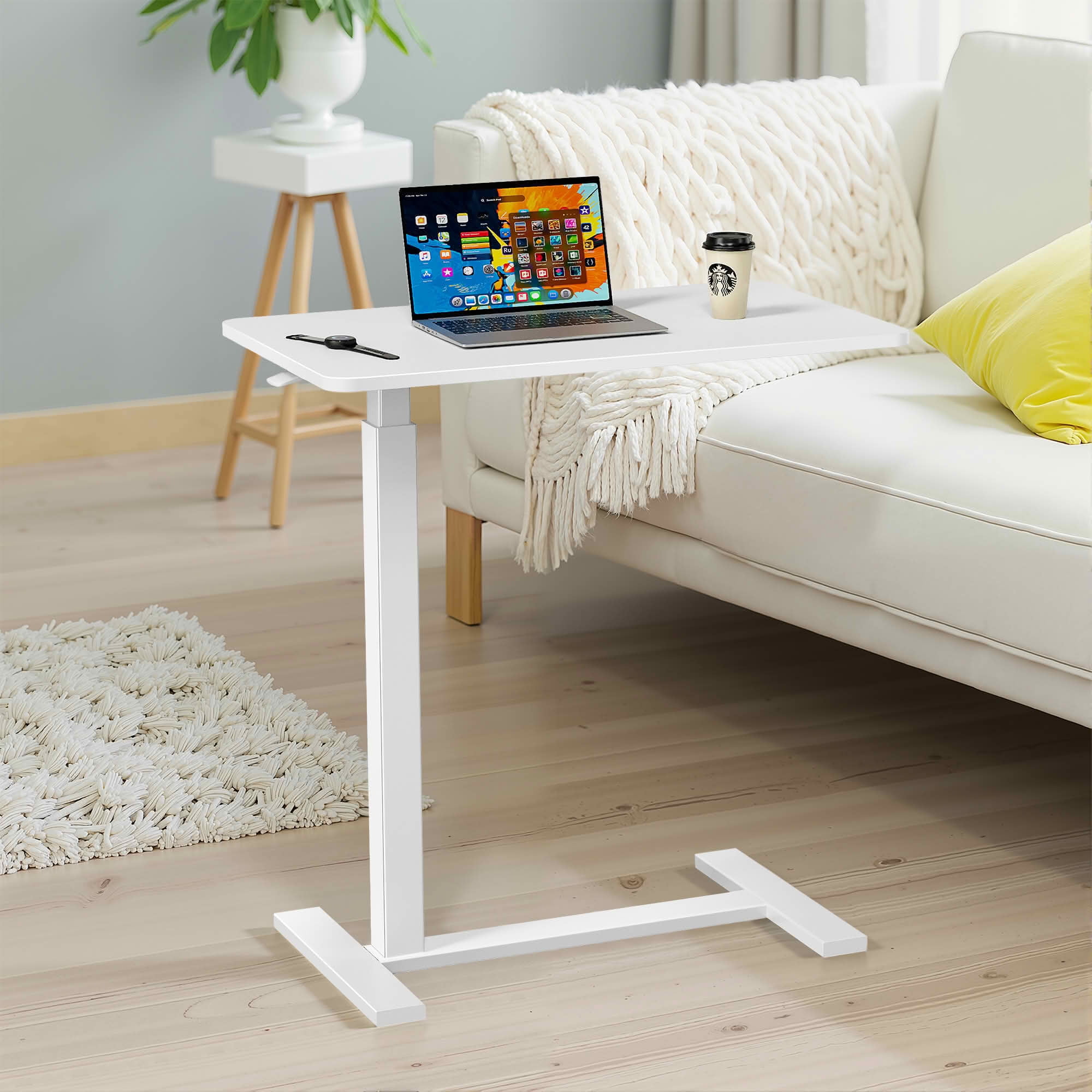 MAYEERTY Adjustable Mobile Bed Table, Computer Desk Standing Table, Home Office Use, White