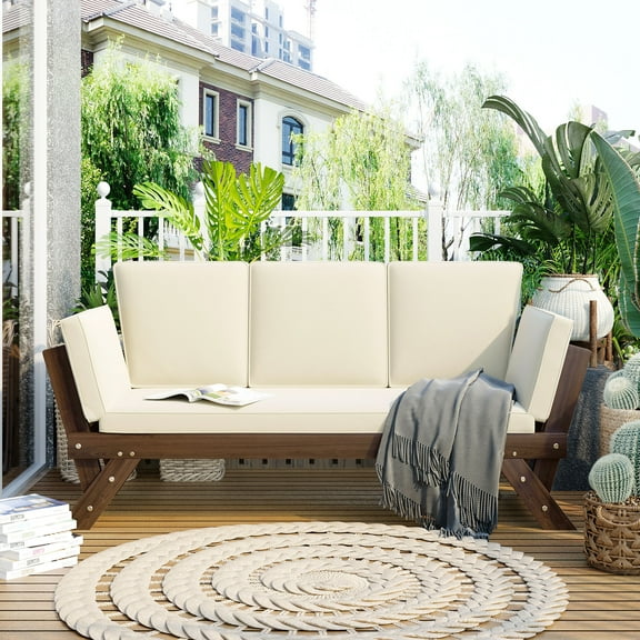 MAYEERTY Adjustable Outdoor Wooden Daybed – Expandable Patio Sofa Chaise Lounge with Cushions, Solid Acacia Frame, for Balcony, Garden